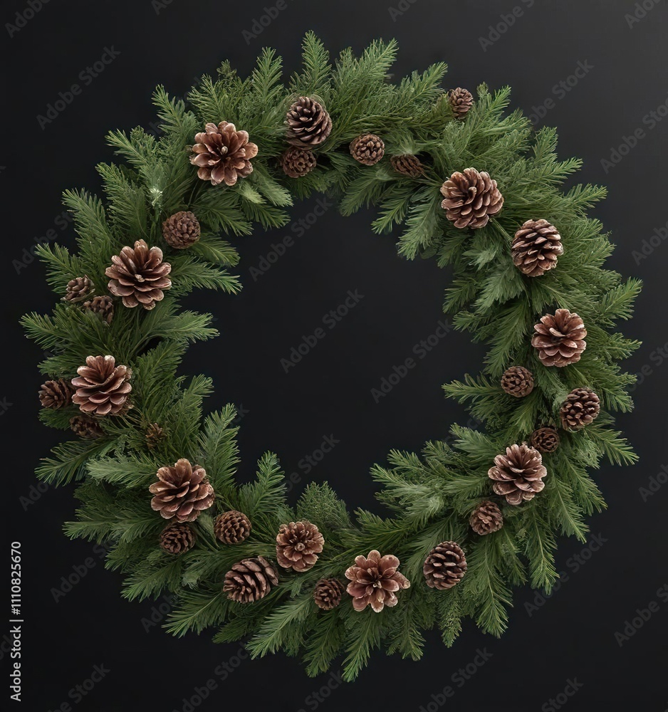 Poster a fragrant fir wreath made from soft branches and decorated with artificial pinecones on a dark glos
