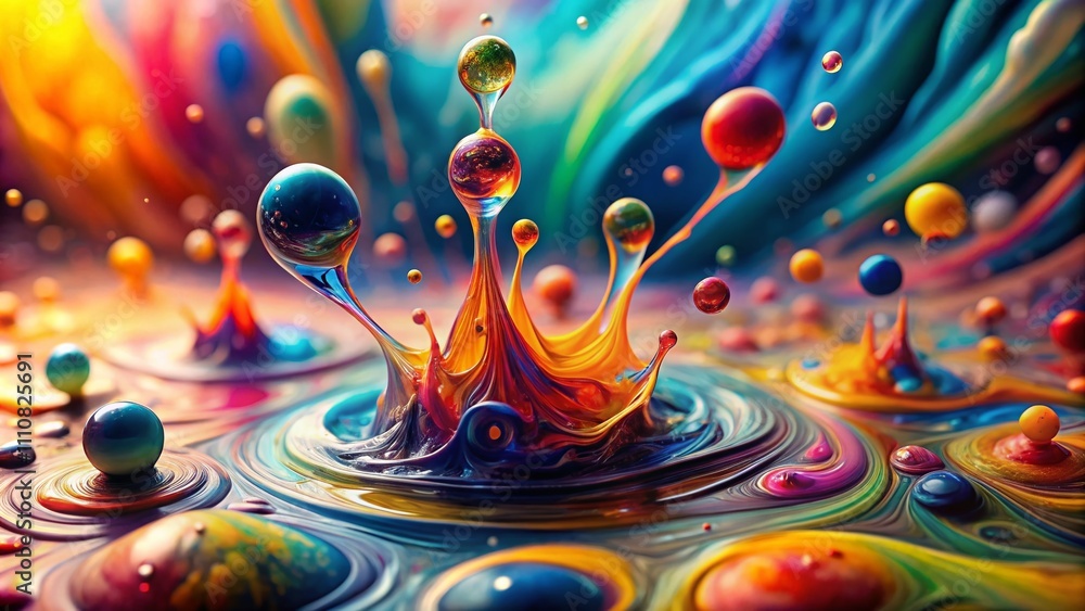 Poster vibrant liquid paint splashes on tilt-shift background creating an abstract color stains design for 
