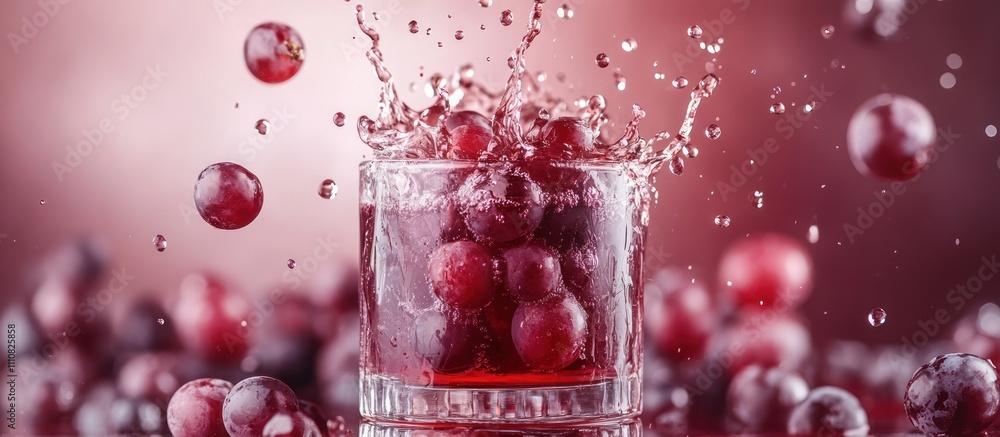 Poster red grapes splashing into a glass of juice with a red background.
