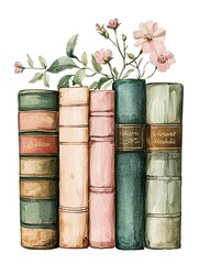 Watercolor Painting of Antique Books and Roses