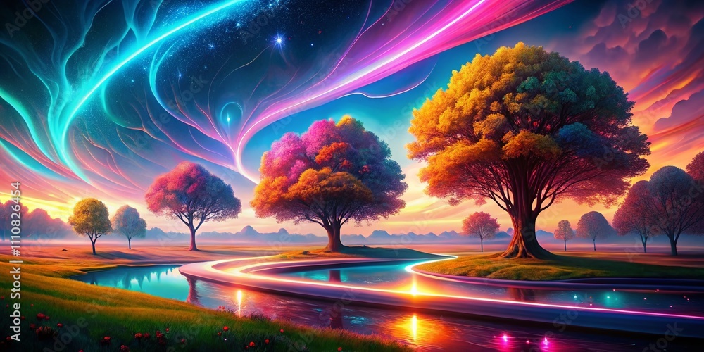 Poster vibrant neon landscape illustrating abstract spiritual growth with a dynamic use of color and compos