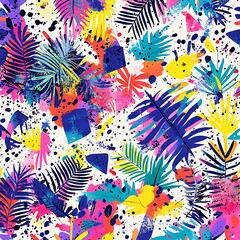 Fototapeta premium Vibrant tropical leaves and colorful abstract shapes seamless pattern.