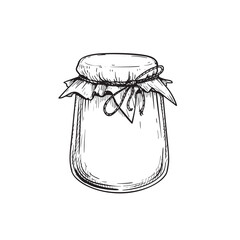 Glass jar with jam or honey. Sketch hand drawn drawing. Best for packaging and home made conservation designs. Vector illustration in vintage style.