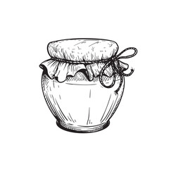 Glass jar with jam or honey. Sketch hand drawn drawing. Best for packaging and home made conservation designs. Vector illustration in vintage style.