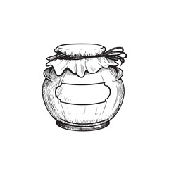 Glass jar with jam or honey. Sketch hand drawn drawing. Best for packaging and home made conservation designs. Vector illustration in vintage style.