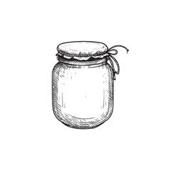 Glass jar with jam or honey. Sketch hand drawn drawing. Best for packaging and home made conservation designs. Vector illustration in vintage style.