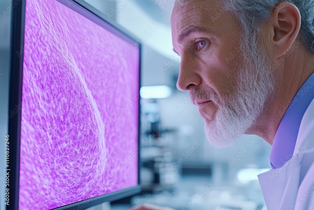 Poster scientist analyzing microscopic tissue samples on high-resolution monitor