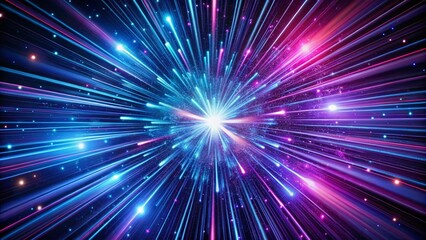 Vibrant Purple and Blue Abstract Radial Lines in Night Photography, Showcasing Geometric Backgrounds with Data Flow and Optical Fiber Effects for Dynamic Motion Visuals