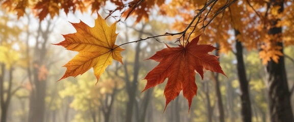 A lone maple leaf clings to a branch amidst autumn foliage, maple leaves, single leaf