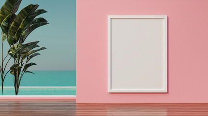 Fototapeta premium Minimalist coastal decor with blank canvas, pastel pink wall, sea view, and palm leaves, evoking serenity and calm.