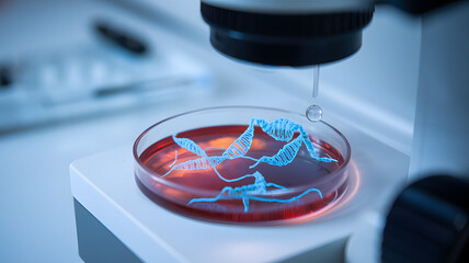 Microscope displaying intricate genetic modification process, symbolizing advanced scientific research and potential for biotechnology breakthroughs.
