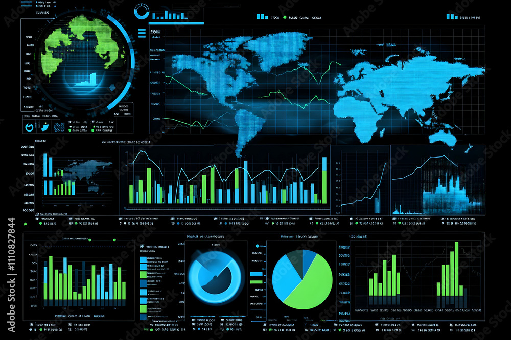 Poster global data visualization dashboard with charts and graphs.