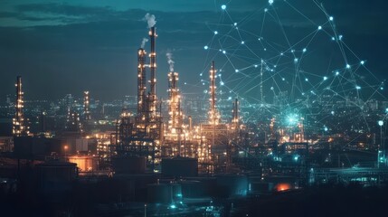 Fototapeta premium Modern factory, communication network. Telecommunication. IoT, Internet of Things, ICT, Information communication Technology,. Smart factory. Digital transformation, cloud connecting,