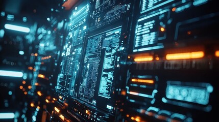 Futuristic Tech Interface Digital Data Stream Cyber Security Network Code Server Room Blue Orange