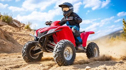 Young rider enjoys adventure on red ATV in desert landscape under sunny sky