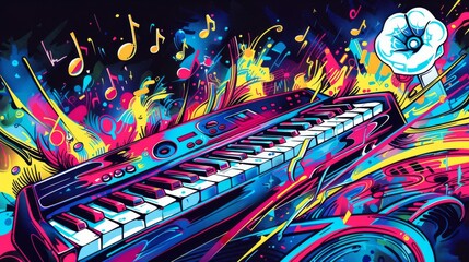 Vibrant Digital Art of Keyboard Synthesizer with Neon Music Notes and Explosive Colors