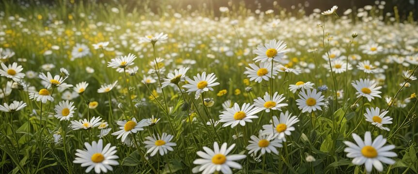 A meadow filled with white daisies and yellow wildflowers on a warm summer afternoon, green grass, sunflower fields, wildflowers