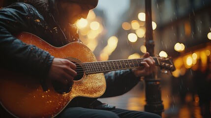 Obraz premium A man plays an acoustic guitar in the rain on a city street, illuminated by streetlights.