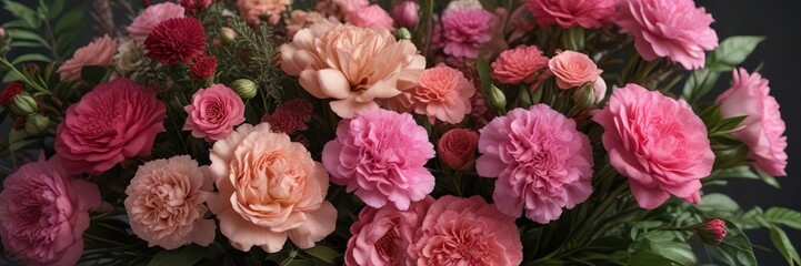 Fototapeta premium A mix of brown and pink flowers including roses, carnations and alstroemeria in a colorful floral arrangement, colors, background, carnations