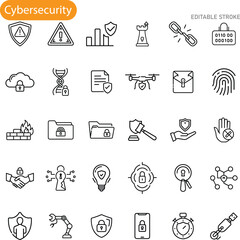 Cybersecurity Icons Data Protection, Privacy, Network Security, and Threats