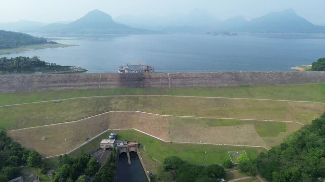Established Aerial View of Jatiluhur, the Largest Dam in Indonesia. Multi-Purpose Embankment Dam on The Citarum River with Morning Glory Spillway