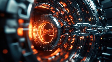 Futuristic Technology Chain in Glowing Metal Tunnel