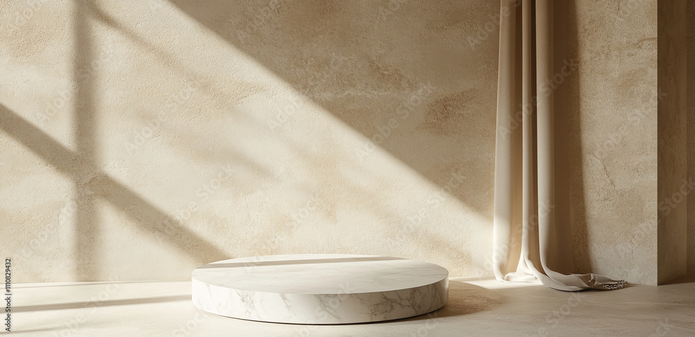 Poster Soft light filters through drapes illuminating a minimalist, circular platform in a calm indoor space
