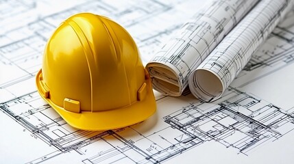 Building plans and safety helmet on construction blueprints in bright workspace