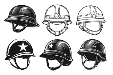 Fototapeta premium Set of Military Helmate vector silhouette line art 