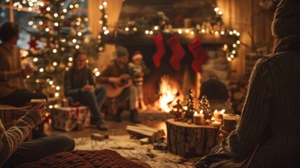 Christmas Celebration in a Festive Room with Fireplace and Holiday Decorations