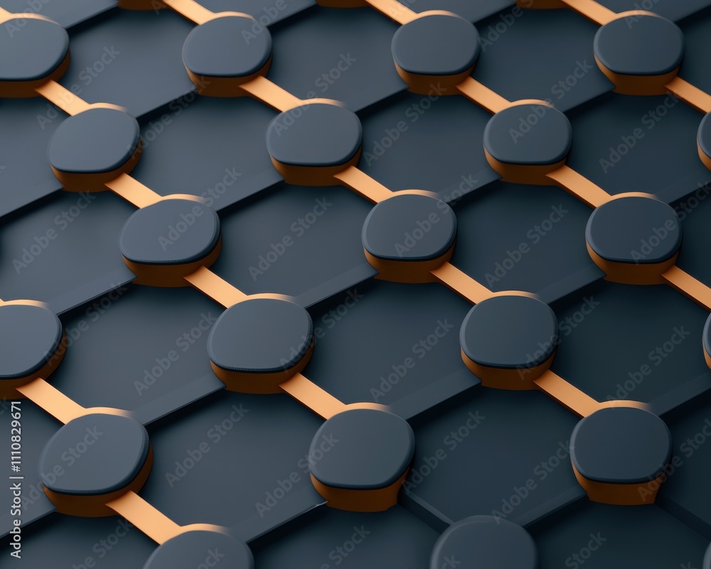 Fototapete A close-up view of a geometric pattern featuring hexagonal shapes with circular elements and contrasting lines, showcasing modern design and texture.