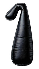 A black object with a curved shape that resembles a letter. It is made of leather and has a black...