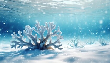 Naklejka premium Frozen dead bleached coral in icy underwater scenery with snow-like particles