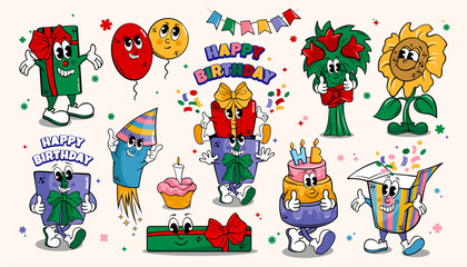 cartoon character for happy birthday, gift, cake, bouquet of flowers, fireworks, retro groovy style, holiday  icon set. cartoon funny birthday party