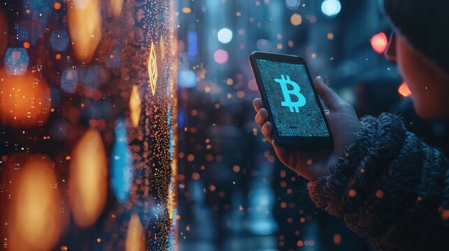 Bitcoin Cryptocurrency Mobile Phone Night City Lights Blockchain Finance Technology