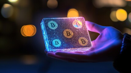 Glowing Bitcoin Cube in Hand Crypto Finance Technology Image