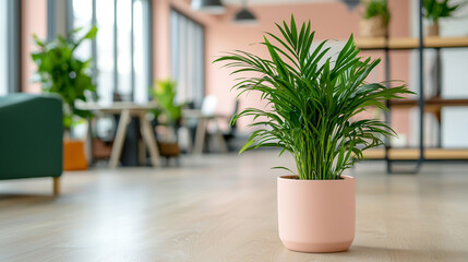 Modern office with a stylish potted plant, creating a refreshing and vibrant workspace ambiance.