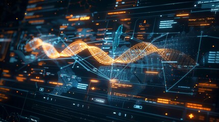 Digital DNA Strand Highlighted in Neon Colors with Scientific Data Interface