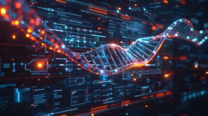 Glowing DNA Strand on Futuristic Digital Interface with Data and Analytics