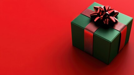 Obraz premium A glossy green gift box with a striking red ribbon bow, resting on the bottom-right corner of a bright red background, ideal for overlaying text