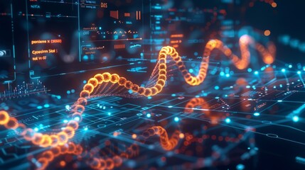 Illuminated DNA Strand Surrounded by Advanced Data Analytics on Digital Display