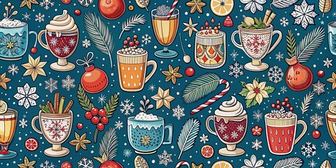 Vintage Christmas and Winter Drinks Pattern in Blue and White for Holiday Wrapping Paper and Fabric Designs