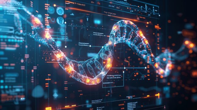Futuristic DNA Strand with Glowing Effects on Digital Interface Display - Powered by Adobe