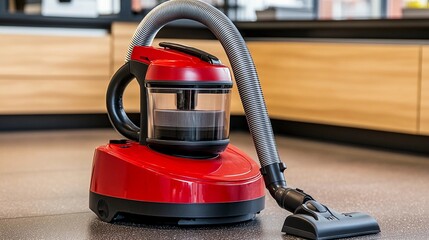 Compact red vacuum cleaner placed on a modern kitchen floor for efficient cleaning