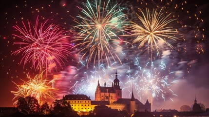 Naklejka premium Spectacular Fireworks Display Over Historic Castle at Night