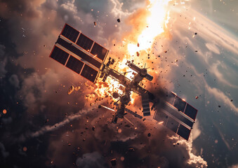 A fictional space station falling into the atmosphere of a fictional planet. Disaster and destruction of a space station in the atmosphere