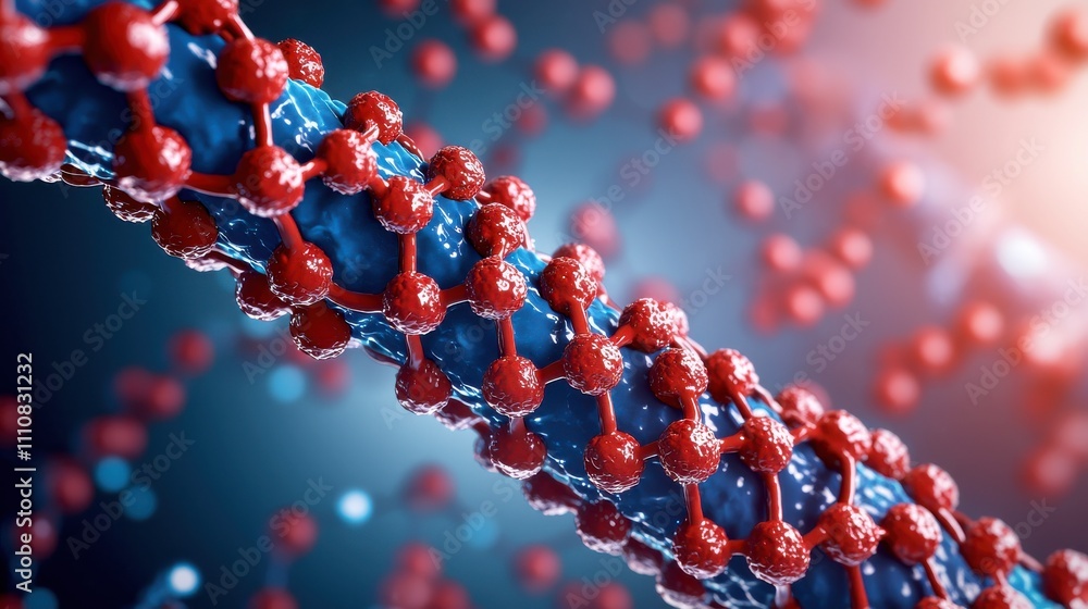 Poster a close-up visualization of a molecular structure, featuring interconnected atoms represented in red