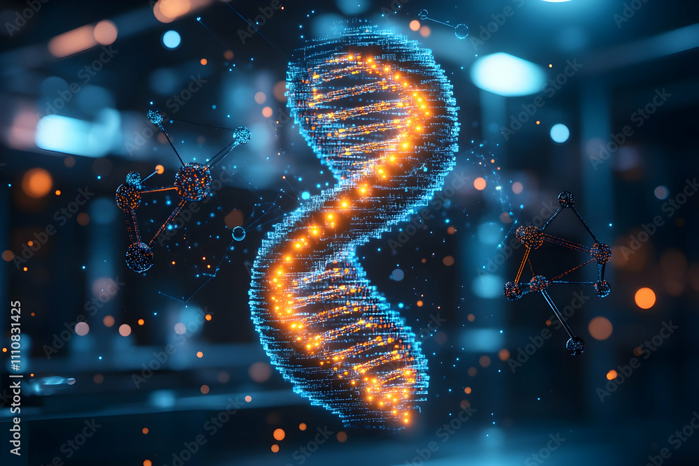 Poster glowing dna double helix structure with molecules in futuristic setting.