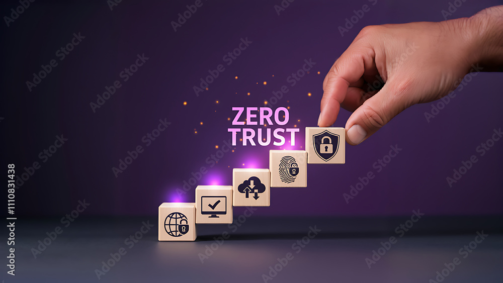 Poster zero trust cybersecurity concept with digital security icons representing data protection, cloud sec