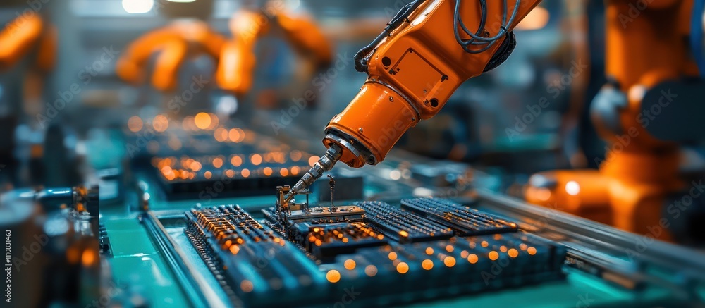 Poster robotic arm working on a circuit board in a factory.
